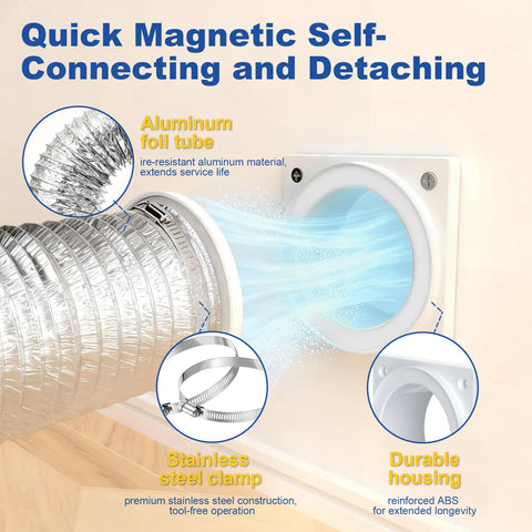 Dryer Vent Coupling With Magnetic Seal For A Tight Gap Free Fit, Self Aligning Quick Connect Kit DV180, aluminum foil hose shown