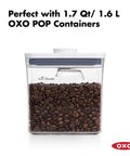 Clear Coffee Scoop For POP Storage Containers, 2 Tbsp 30 mL Capacity, Fits Under Lid, shown with 1.7 Qt container