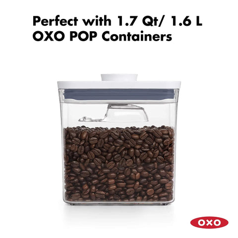 Clear Coffee Scoop For POP Storage Containers, 2 Tbsp 30 mL Capacity, Fits Under Lid, shown with 1.7 Qt container