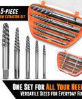 5 Piece Screw Extractor Set For Stripped And Damaged Screws Easy Out Spiral Extractors In CrMo Alloy Steel, kit in case