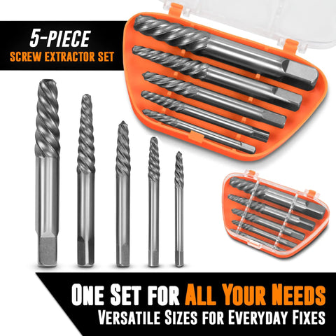 5 Piece Screw Extractor Set For Stripped And Damaged Screws Easy Out Spiral Extractors In CrMo Alloy Steel, kit in case