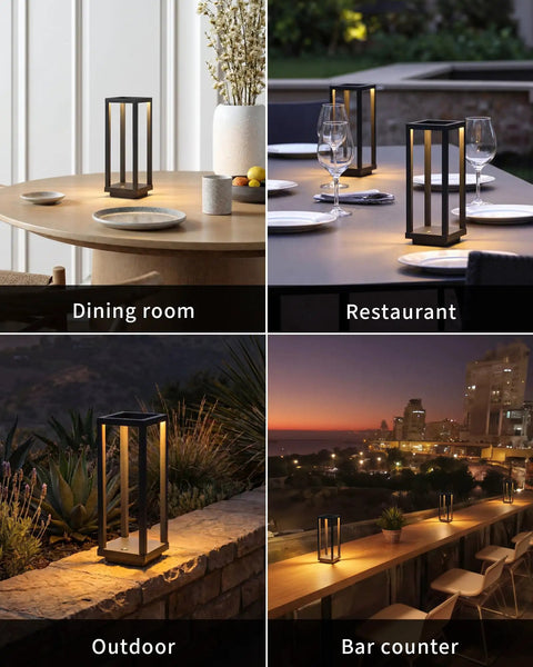 Cordless Waterproof Table Lamps Set of 2 Black Outdoor Go-To Rechargeable Desk Lamps in dining room, restaurant, and bar settings