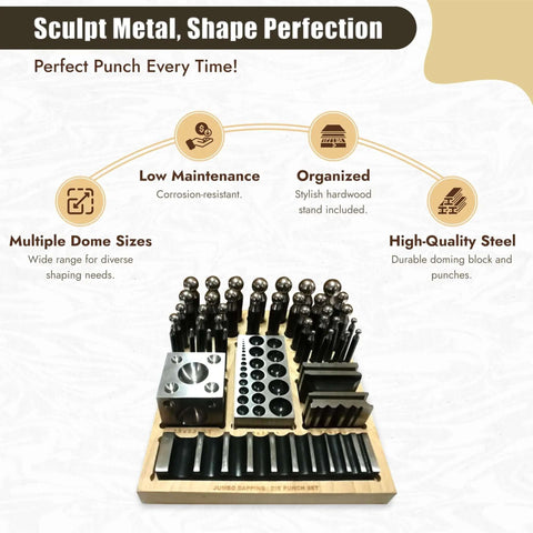 Workhorse Doming Block And Punch Set For Jewelry Making 41 Piece Dapping Kit With Steel Block And Wood Base on display