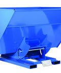 Built Like A Tank Steel Self Dumping Hopper With 6000 Lb Capacity And Three Cubic Yards For Loading Dry Bulk Materials Forklift Compatible blue bin side view.