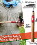 Gardener holding 13 Inch Weeding Sickle Nejiri Kama, showcasing blade and oak handle with product dimensions highlighted in overlay.