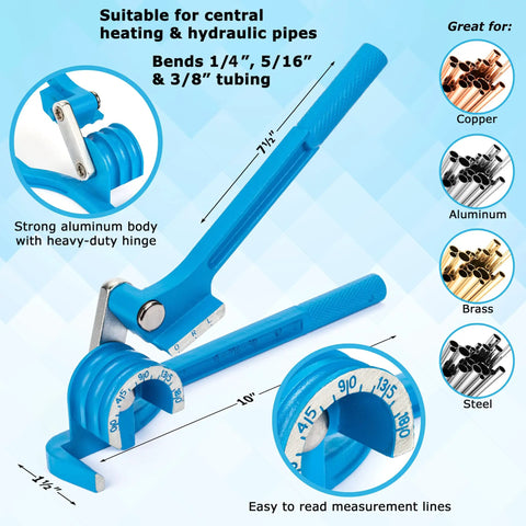 3 In 1 Tube Bender For 1/4 In, 5/16 In, 3/8 In Tubing - Manual Copper, Brass, Aluminum And Thin Steel Pipe Bender With 0 To 180 Degree Angles, Heavy Duty Steel Construction, EZ Bend Tool on blue background with measurements and materials listed.