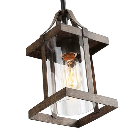 Faux Wood Lantern Pendant Lighting With Glass Shades for Kitchen Island, Bedroom, Dining Room, Hallway and Foyer, close-up view