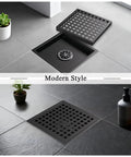 Level Up Your Bath Game With This Heavy Duty 4 Inch Square Shower Floor Drain Cover Featuring Rust Proof Matte Black Finish And Ingenious Hair Catcher Grid For Smooth Zero Clog Daily Draining, displayed in modern bathroom setting.