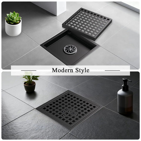 Level Up Your Bath Game With This Heavy Duty 4 Inch Square Shower Floor Drain Cover Featuring Rust Proof Matte Black Finish And Ingenious Hair Catcher Grid For Smooth Zero Clog Daily Draining, displayed in modern bathroom setting.