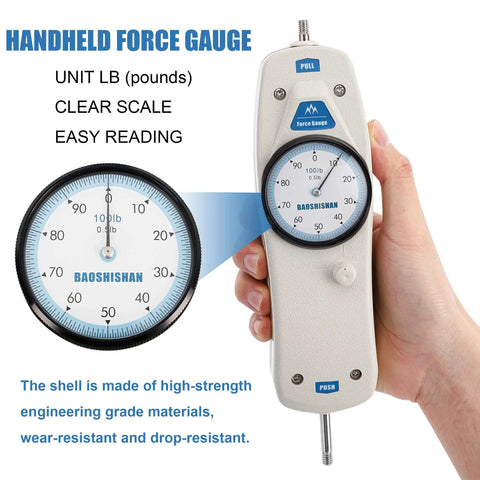 Handheld force gauge, Pro Grade 100 Pound Push Pull Force Gauge With Calibration Certificate Tough ABS Shell Precise 0.5 Pound Resolution 10mm Stroke Great For Tension And Compression Testing Backed By Real Tech Support.