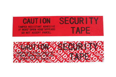 Tamper-evident security tape rolls, 2 red rolls with CAUTION/VOID patterns, 1 in x 55 yd, 2 mil