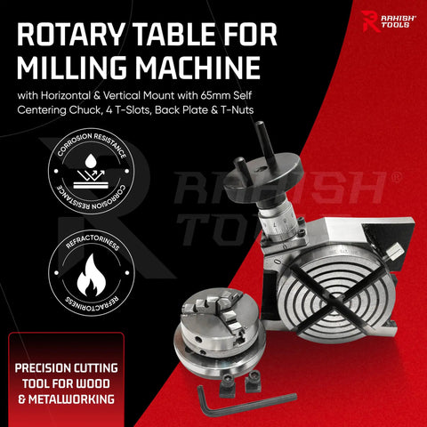 4 Inch Rotary Table For Milling Machines Dual Mount With 65mm Centering Chuck Back Plate T Nuts And 4 T Slots Pro Grade Precision Tool For Metalworking And Woodworking shown with chuck and base