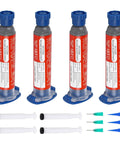 Four tubes of Tin Lead Solder Paste Sn63 Pb37 No Clean 183C Melting Point 30g with syringes and tips for electronics rework.