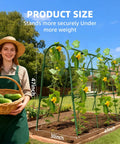 Woman in garden with U Shape Cucumber Trellis For Raised Beds Garden Arch Metal Plant Support For Climbing Vines And Vegetables Durable Rustproof Outdoor Green No Fuss Easy Setup 47 By 30 By 47 Inches in background