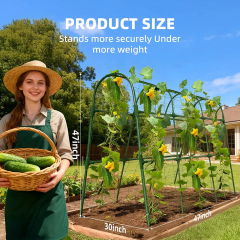 Woman in garden with U Shape Cucumber Trellis For Raised Beds Garden Arch Metal Plant Support For Climbing Vines And Vegetables Durable Rustproof Outdoor Green No Fuss Easy Setup 47 By 30 By 47 Inches in background