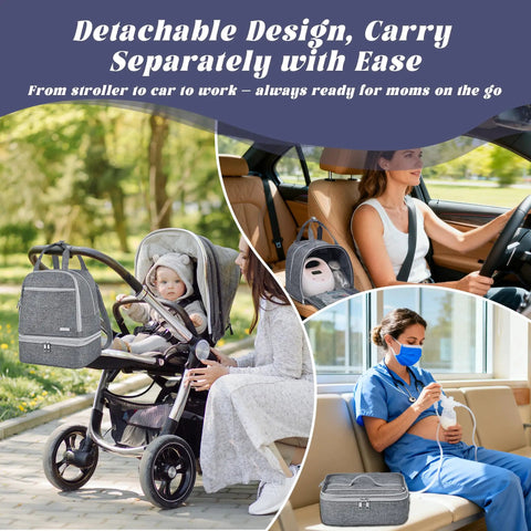 Game Changing Insulated Breast Pump Backpack Keeps Your Milk Chill On The Go Hella Spacious Design Fits Almost Every Electric Pump With Free Ice Packs, shown in use with stroller, car, and hospital.
