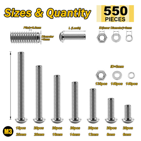 550 Piece M3 Screw Kit With Button Head Hex Socket Screws 304 Stainless Steel Must Have Nuts Flat And Spring Washers In Varied Lengths