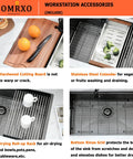 Undermount Bar Sink 15x19 In 16 Gauge Stainless Steel, Single Bowl For RV And Outdoor Kitchens, Heavy Duty Design, Seamless Flush Mount, Includes Accessories For A Compact Workstation Setup with accessories like cutting board, colander, roll-up rack, and rinse grid.