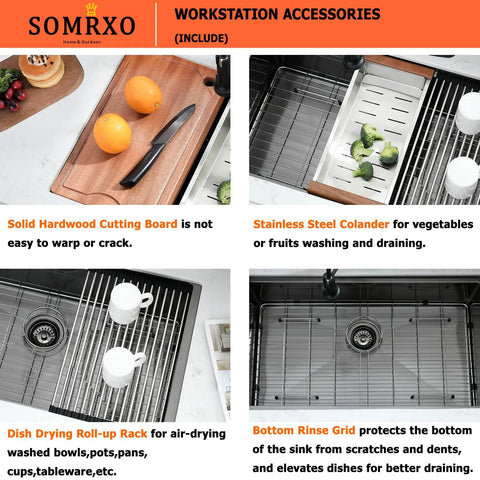 Undermount Bar Sink 15x19 In 16 Gauge Stainless Steel, Single Bowl For RV And Outdoor Kitchens, Heavy Duty Design, Seamless Flush Mount, Includes Accessories For A Compact Workstation Setup with accessories like cutting board, colander, roll-up rack, and rinse grid.
