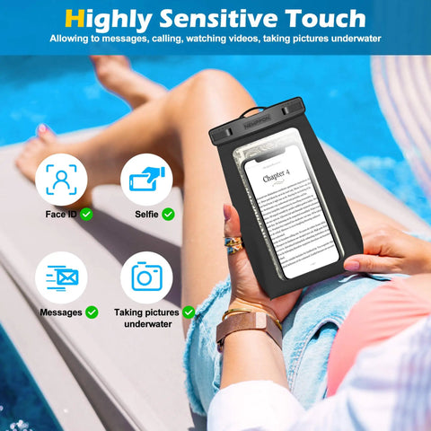 4 Pack Floating Waterproof Phone Pouches With Triangular Buoyancy Design in use by pool, showing touchscreen through clear case