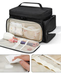 Breast Pump Travel Bag With Water-Resistant Mat And Removable Divider, Large Capacity Carrying Case for Work Travel, Black, open with accessories