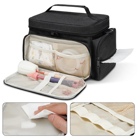 Breast Pump Travel Bag With Water-Resistant Mat And Removable Divider, Large Capacity Carrying Case for Work Travel, Black, open with accessories