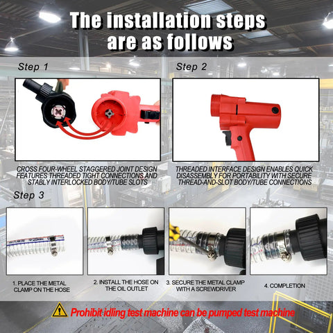 Installation steps for No Sweat 1980W Electric Fuel Transfer Pump including hose connections and clamps.