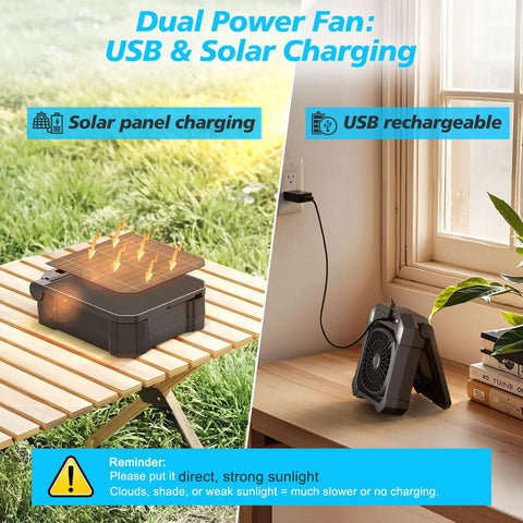 Solar Powered Camping Fan With 10000mAh Battery USB Rechargeable Portable Quiet Cordless Fan with Light charging options