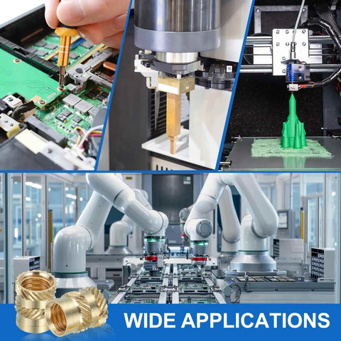 Collage showing applications of 46 Pcs M4 Brass Heat Set Inserts For 3D Printing And Plastic, Electronics, and Laptop Assemblies.