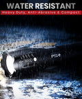 Rechargeable Tactical Flashlight LFX1000 Kit With USB Charger And Battery Included shown water resistant in rain