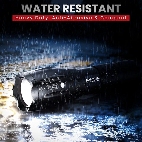 Rechargeable Tactical Flashlight LFX1000 Kit With USB Charger And Battery Included shown water resistant in rain