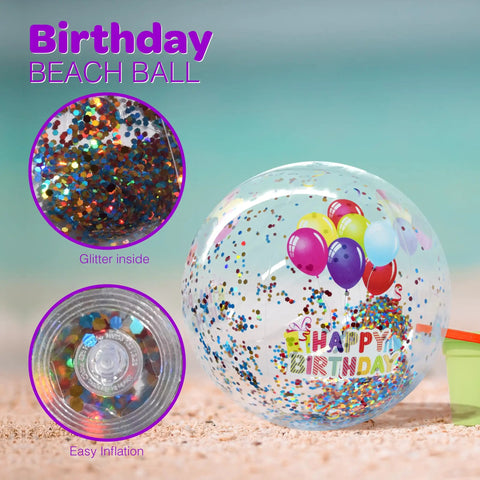 22 Inch Large Happy Birthday Beach Ball With Glitter Inside For Pool Party Decor Outdoor Yard Games And Inflatable Pool Toy