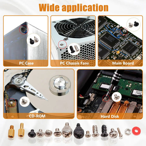 Badass 502Pcs Computer Screw Assortment Kit Featuring Rock Solid Motherboard Standoffs And Laptop Hardware For Pc Case Fan Atx Chassis Ssd Optibay Drives, showing various screws for PC assembly.