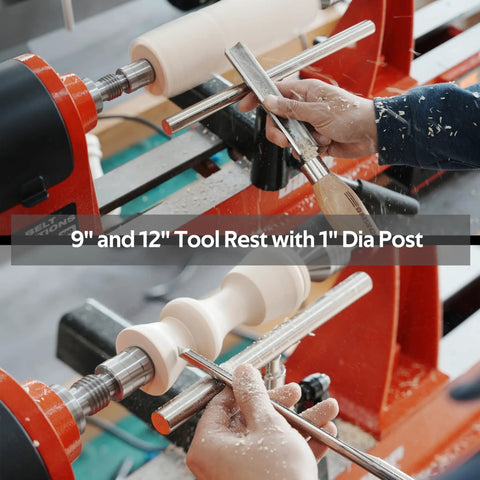 Straight Tool Rest Set For Wood Lathe With 4 6 9 12 Inch Tool Rests Interchangeable Five Eighth Inch And One Inch Stems Fits Most Lathes Nickel Finish Tighten Locating Sleeve For Precise Woodturning Pro Grade Quality in use on a lathe