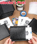 All In One Trading Card Shipping Kit With 120 Card Protectors 3.5 By 4.5 Inches, 60 Black Bubble Mailers, 100 Cellophane Bags, And 1 Roll Painter Tape For Easy Pro Grade Packaging Of Collectible Cards, showing kit contents on table