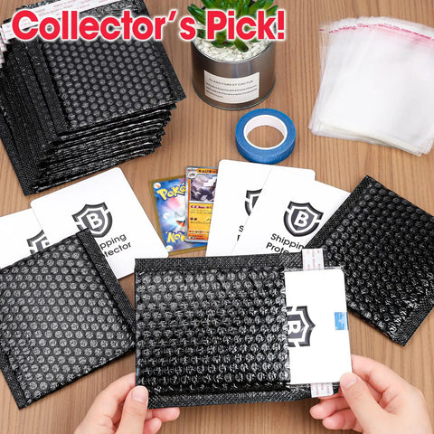 All In One Trading Card Shipping Kit With 120 Card Protectors 3.5 By 4.5 Inches, 60 Black Bubble Mailers, 100 Cellophane Bags, And 1 Roll Painter Tape For Easy Pro Grade Packaging Of Collectible Cards, showing kit contents on table