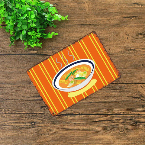 Dope Vintage Ramen Tin Sign Wall Art 8x12 Inch Metal Sign with ramen bowl design on orange background, rustic style