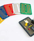 Mini PCB Prototype Board Solderable Breadboard Kit For DIY Electronics Gold Plated 6 Pack Multicolor Set, with components loaded