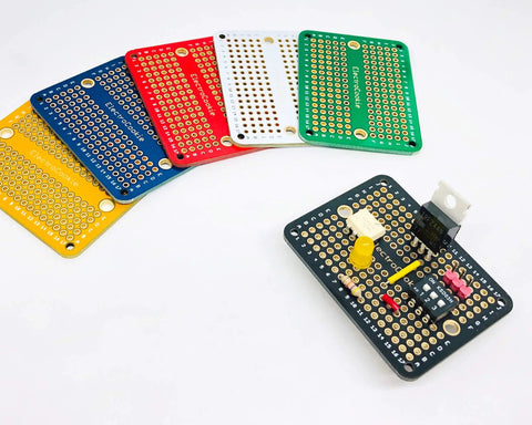 Mini PCB Prototype Board Solderable Breadboard Kit For DIY Electronics Gold Plated 6 Pack Multicolor Set, with components loaded
