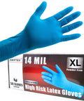 Workhorse Grade 14 Mil Thick Blue Latex Heavy Duty Industrial Work Gloves With Rock Solid Textured Grip Powder Free Chemical Resistant Multi Purpose Safety Gear Box Of Fifty X Large shown on hand next to packaging.