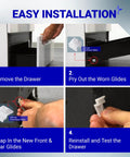 Step-by-step installation of Heavy Duty Replacement Range Oven Drawer Glide Kit Includes Front and Rear Slides Fits Parts 3051162 and 3051163.