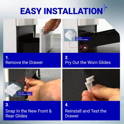 Step-by-step installation of Heavy Duty Replacement Range Oven Drawer Glide Kit Includes Front and Rear Slides Fits Parts 3051162 and 3051163.