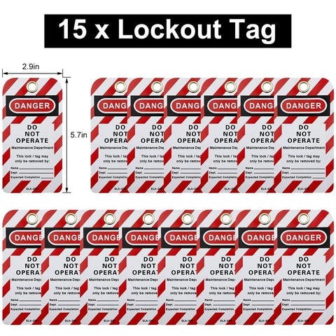 15 lockout tags from Pro Grade LOTO Lockout Kit For Electrical Systems With Clamp On Universal Multi Pole Breaker Lockout.