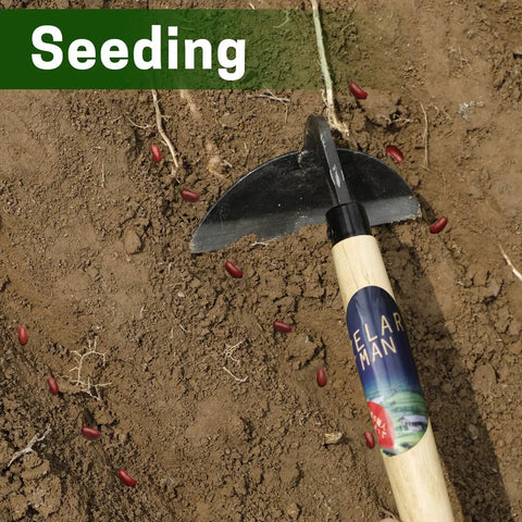 Garden Weeding Sickle Hand Hoe for Weeding and Grass Cutting Japanese Sickle Style Hand Weeder Tool in soil with seeds