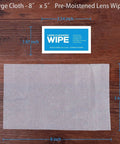Front view of 8x5 inch pre-moistened lens wipe cloth and blue Lens Cleaning Wipe packet