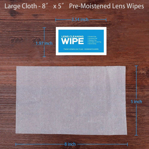 Front view of 8x5 inch pre-moistened lens wipe cloth and blue Lens Cleaning Wipe packet