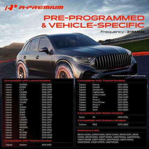 315MHz Pre Programmed TPMS Sensor for Toyota Vehicles Ready To Drop In Plug And Play Tire Pressure Monitoring Sensor Compatible With Avalon Camry Corolla RAV4 Highlander Prius Mirai Yaris And More in Lexus and Toyota fitment chart