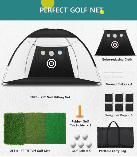 Backyard Driving Practice Net 10x7 Ft With Tri Turf Mat For Indoor Or Outdoor Golf Training with noiseless target pockets