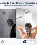 Comparison of shower experience with 13 Inch Shower Head Extension Arm with Flange S Shaped for taller showers and spa-like waterfall rain