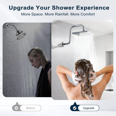 Comparison of shower experience with 13 Inch Shower Head Extension Arm with Flange S Shaped for taller showers and spa-like waterfall rain
